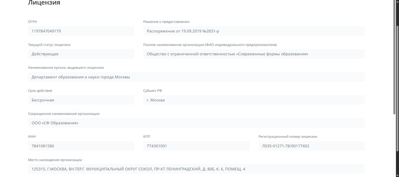 Карточка лицензии в реестре: реквизиты организации и регистрационный номер