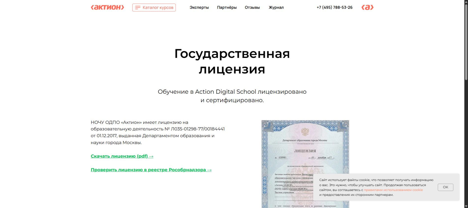 Лицензия и сведения об образовательной организации Action Digital