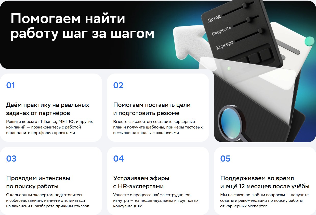 Этапы карьерной поддержки на странице курса Нетологии