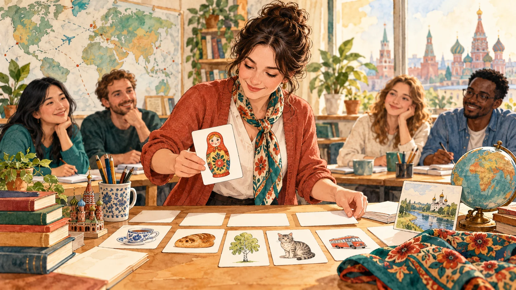 Преподаватель готовит первое занятие русского языка для иностранных учащихся