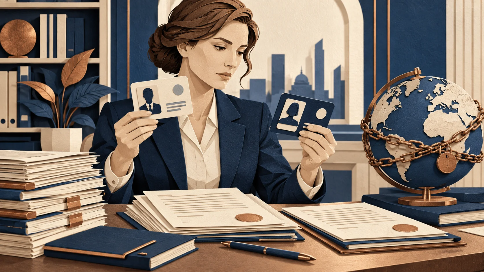 Юрист сопоставляет документы и источники при учебной проверке контрагента