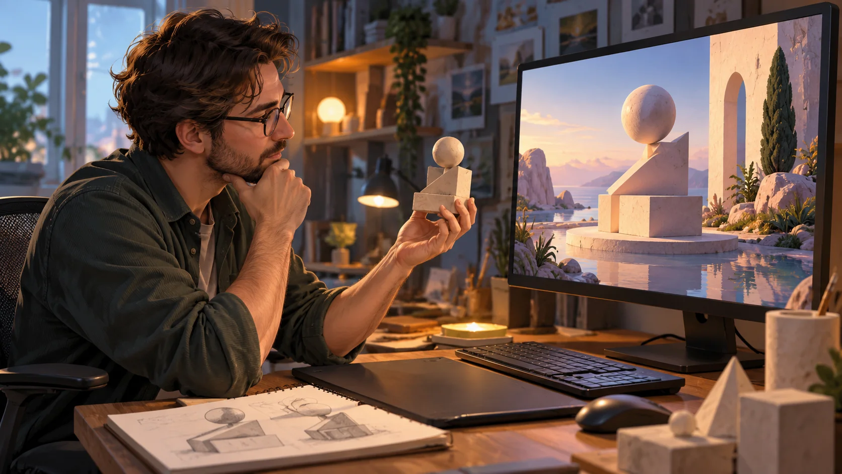 Дизайнер разбирает модель и освещение учебной 3D-сцены