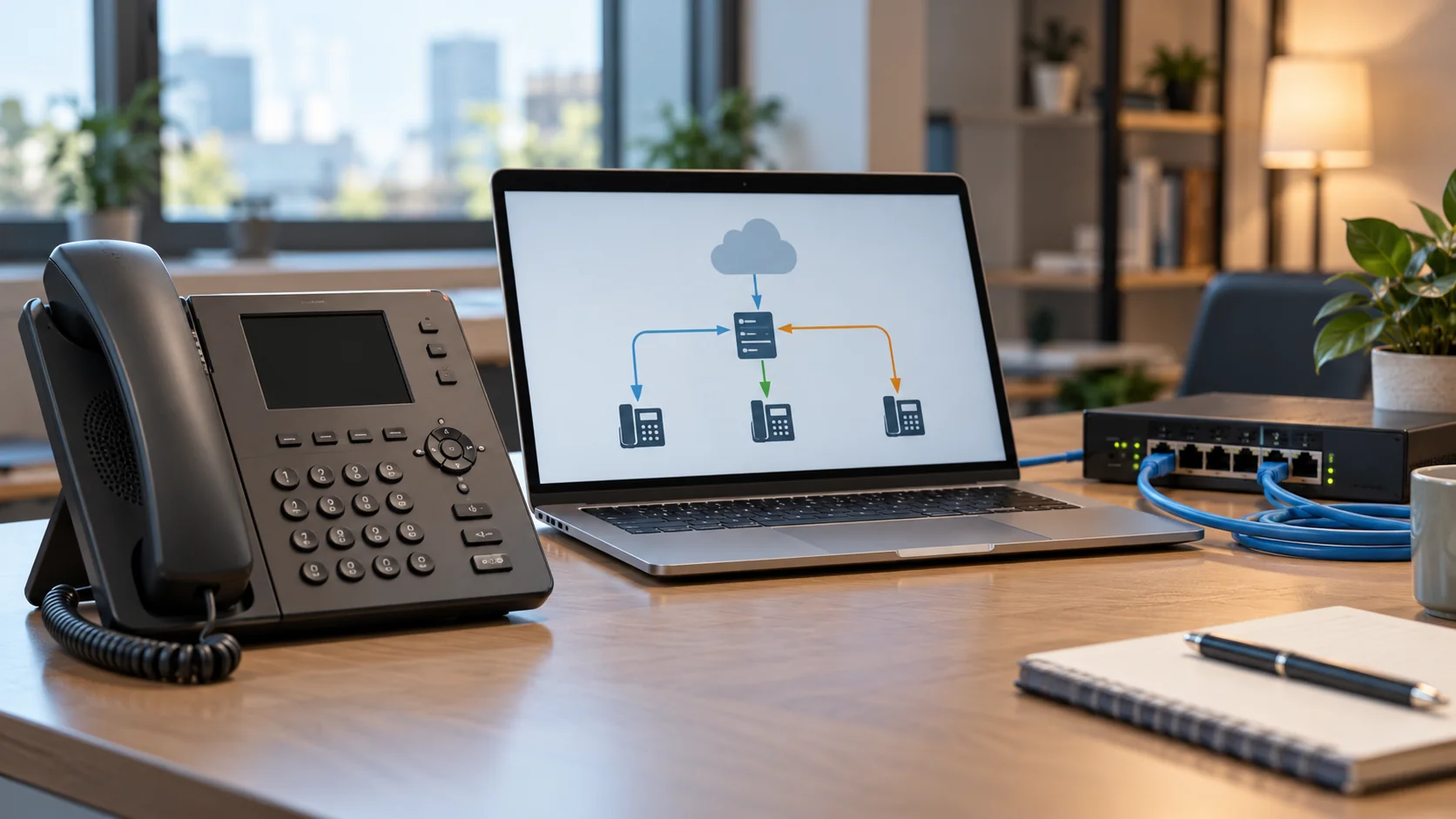 Учебное рабочее место с IP-телефоном и схемой телефонной сети