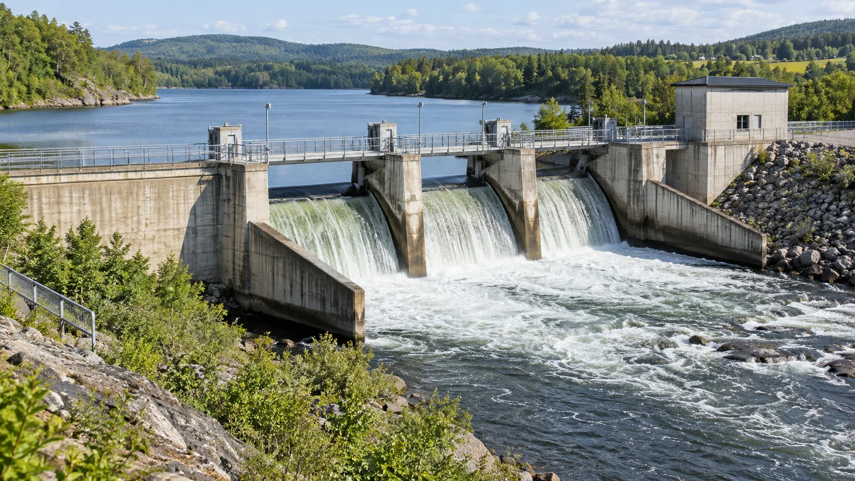 Бетонный водосброс и плотина на реке с реалистичными инженерными конструкциями, спокойным потоком воды и обзором с безопасной точки