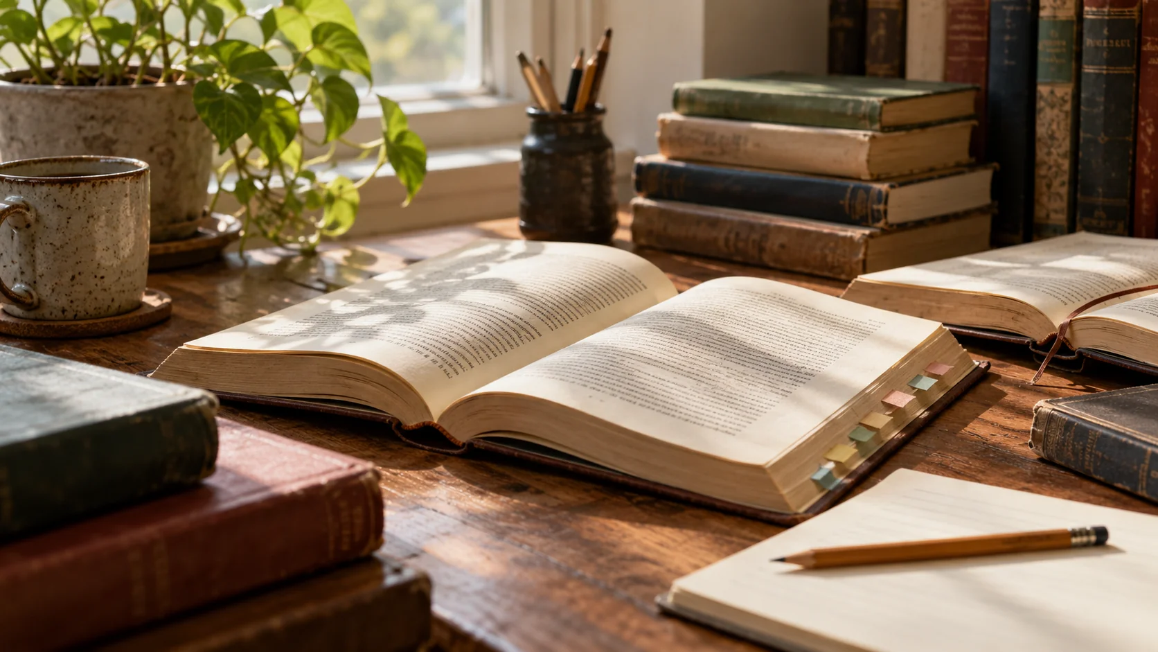 Открытые книги, карандаш и простые заметки для внимательного разбора литературного текста на светлом письменном столе