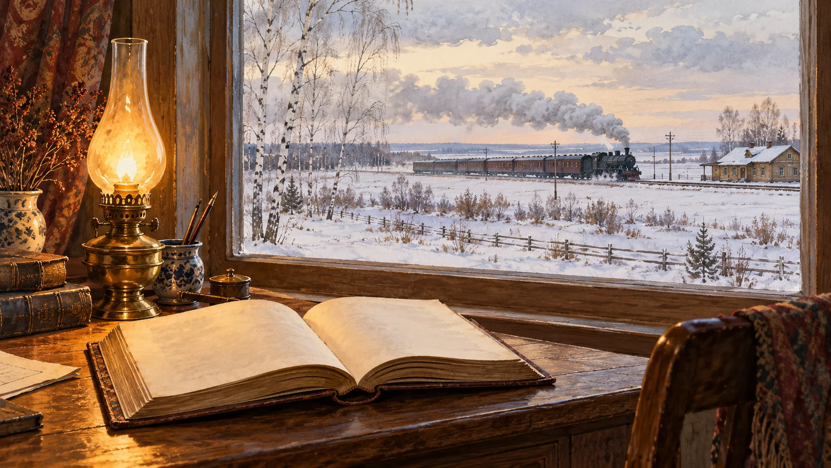 Оригинальная иллюстрация книги и зимнего железнодорожного пейзажа