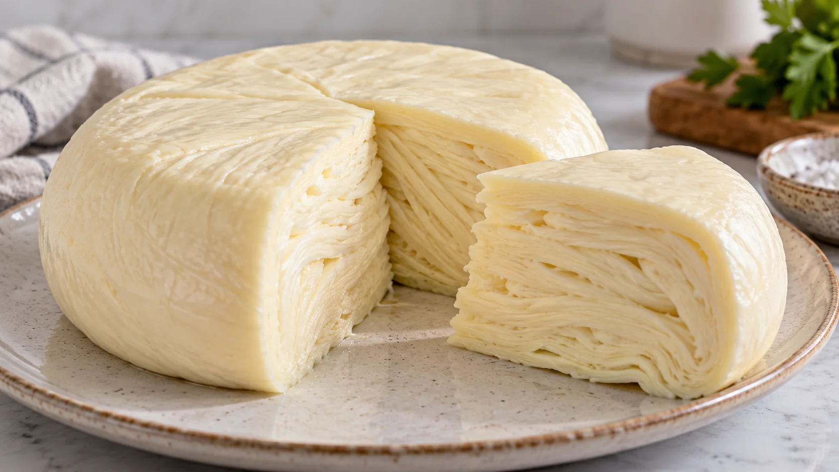 Сыр сулугуни с заметной слоистой структурой на срезе