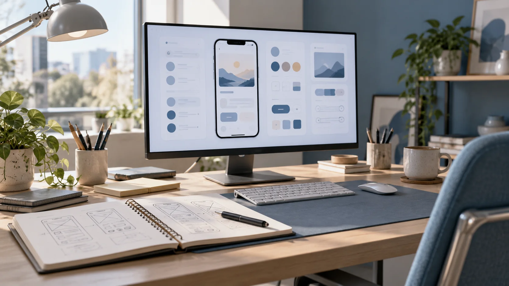Рабочее место UX/UI-дизайнера с макетами интерфейсов на мониторе и эскизами в блокноте