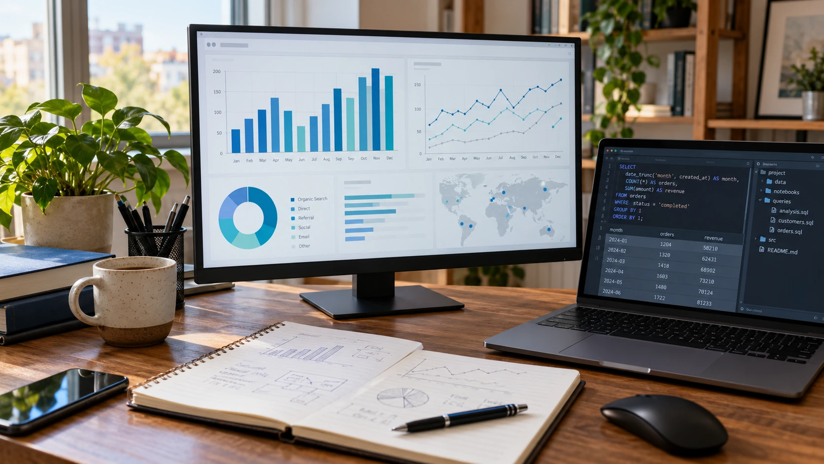 Рабочее место аналитика данных с панелью показателей, таблицами и SQL-запросом