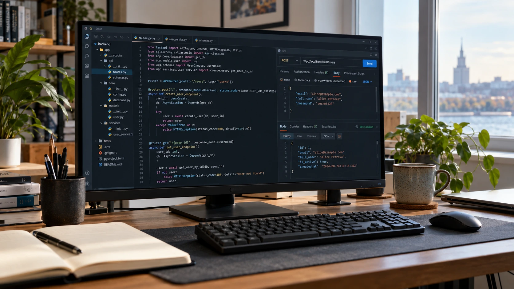 Рабочее место Python-разработчика: код серверного приложения и запрос к API на мониторе