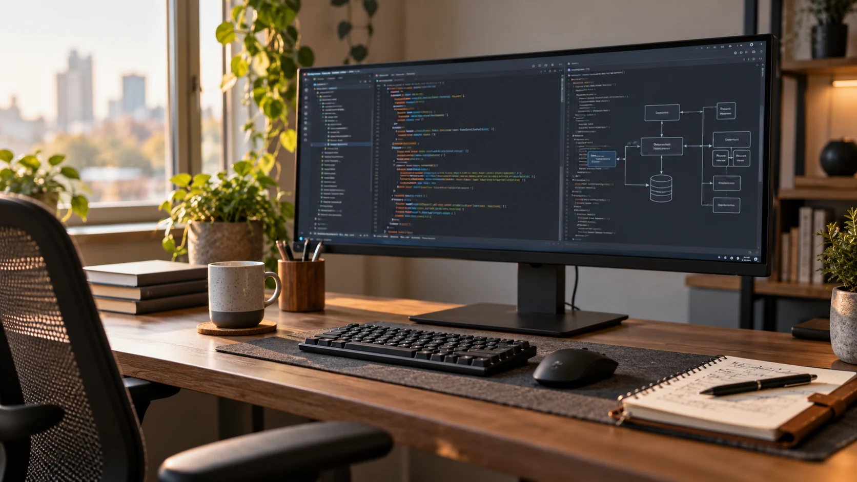 Рабочее место Java-разработчика с кодом и схемой серверного приложения