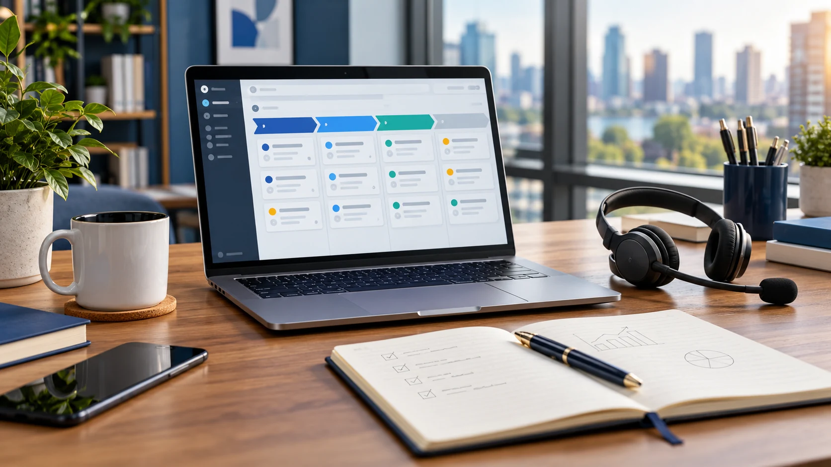Рабочее место менеджера по продажам с CRM, гарнитурой и записями о сделках