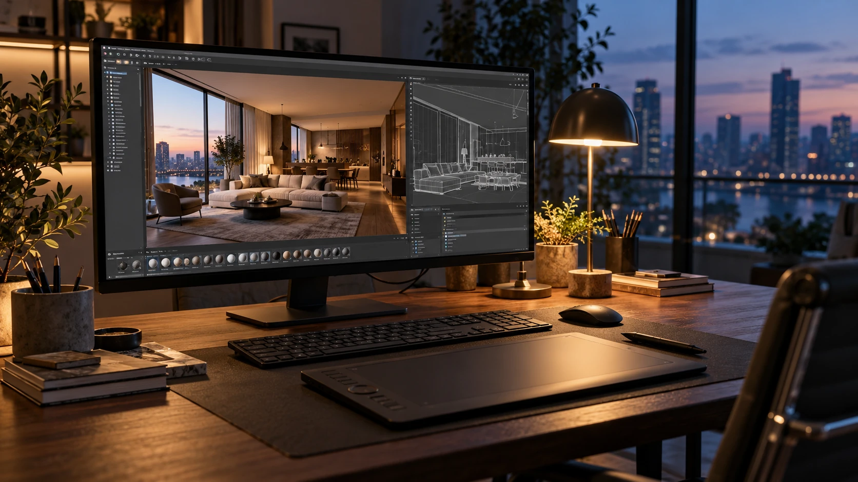 Рабочее место 3D-визуализатора с интерьером на мониторе