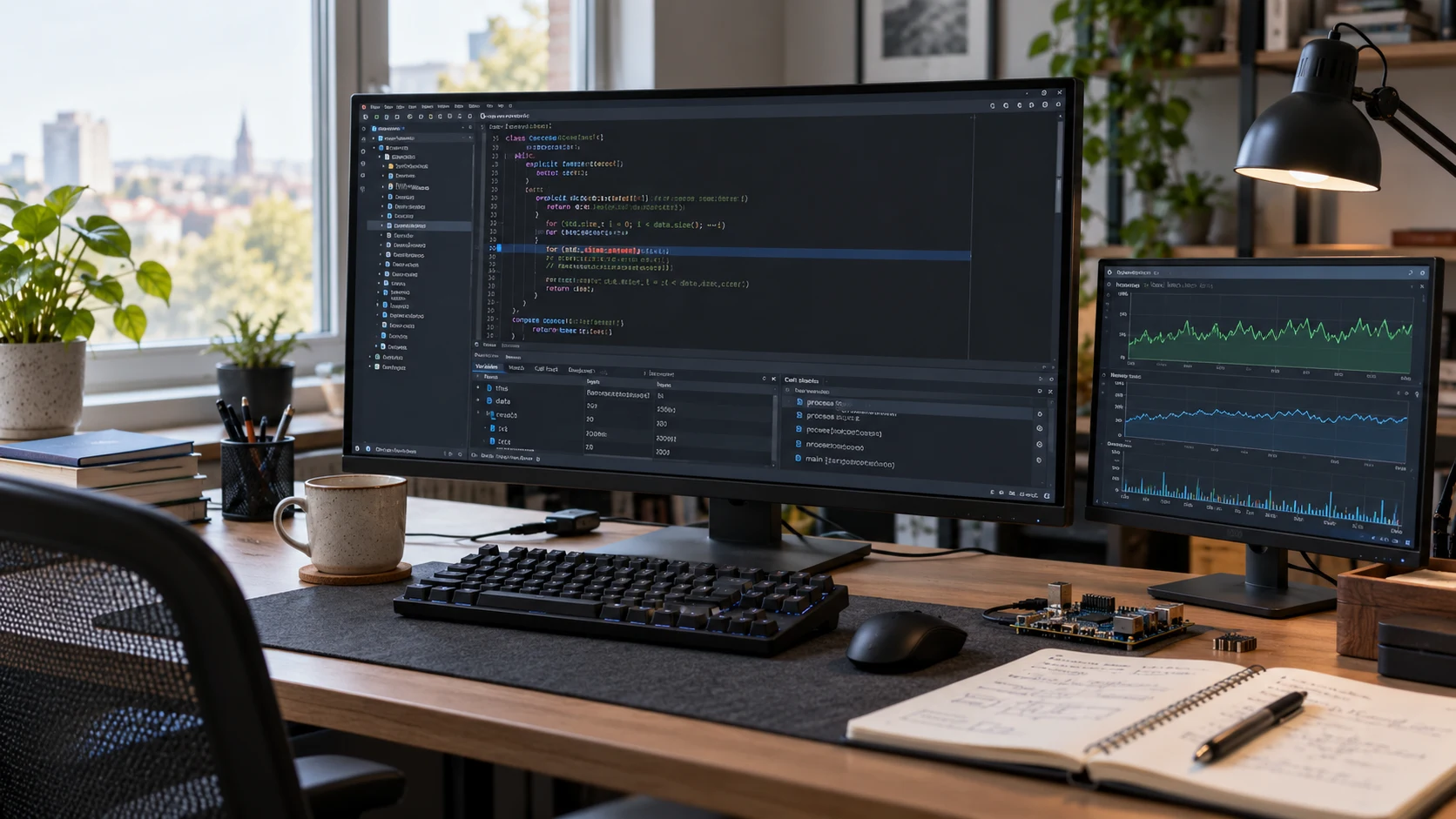 Рабочее место C++-разработчика с кодом и отладкой приложения