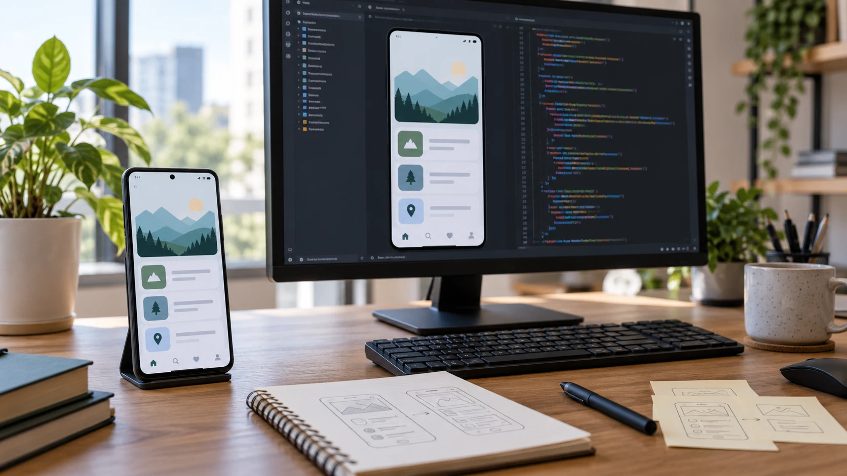 Рабочее место Android-разработчика со смартфоном и приложением