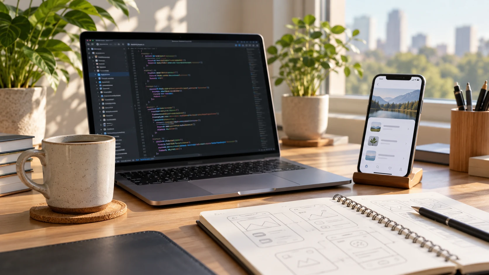 Рабочее место iOS-разработчика с приложением на телефоне