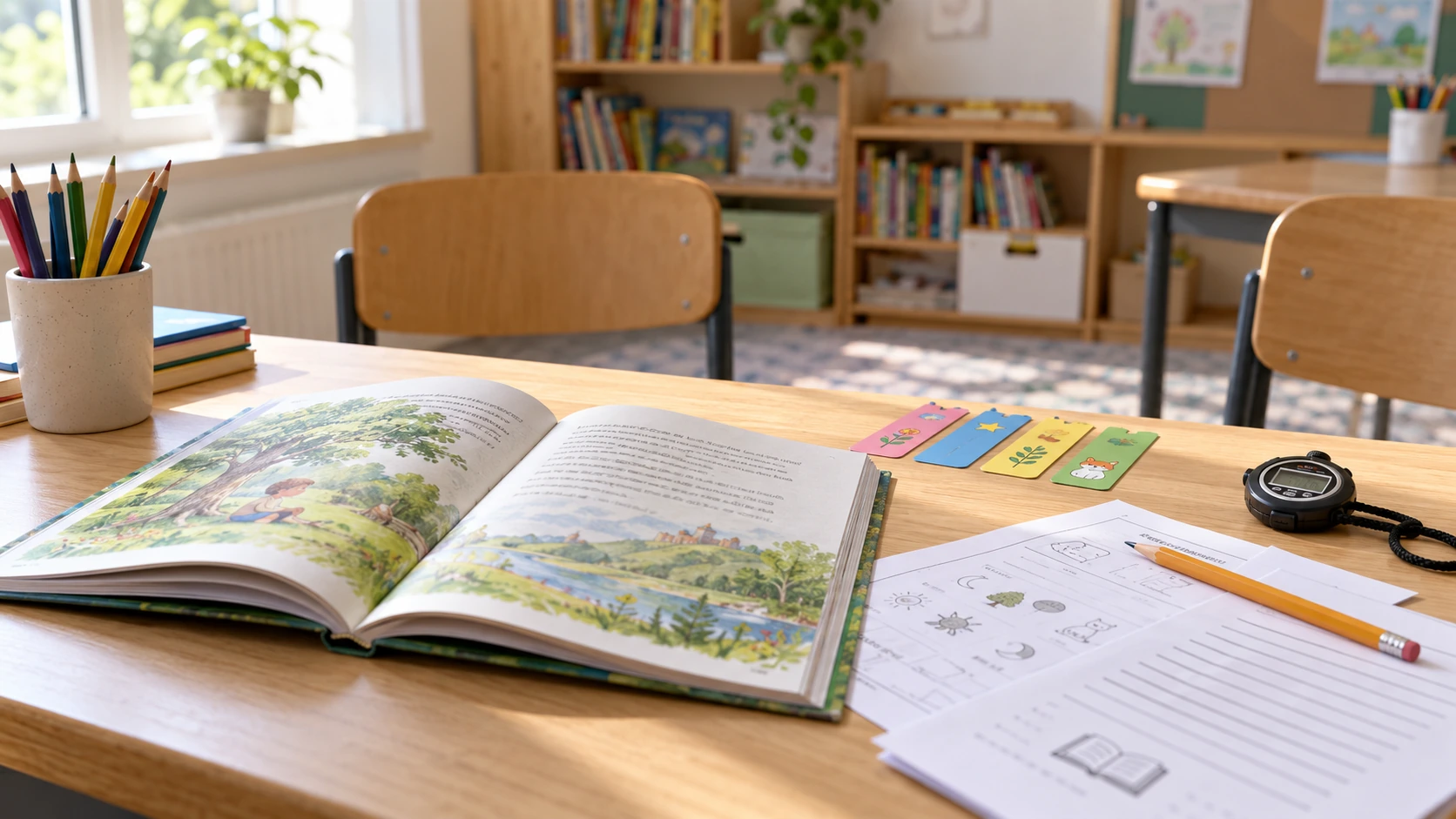 Книга и учебные материалы на столе преподавателя скорочтения