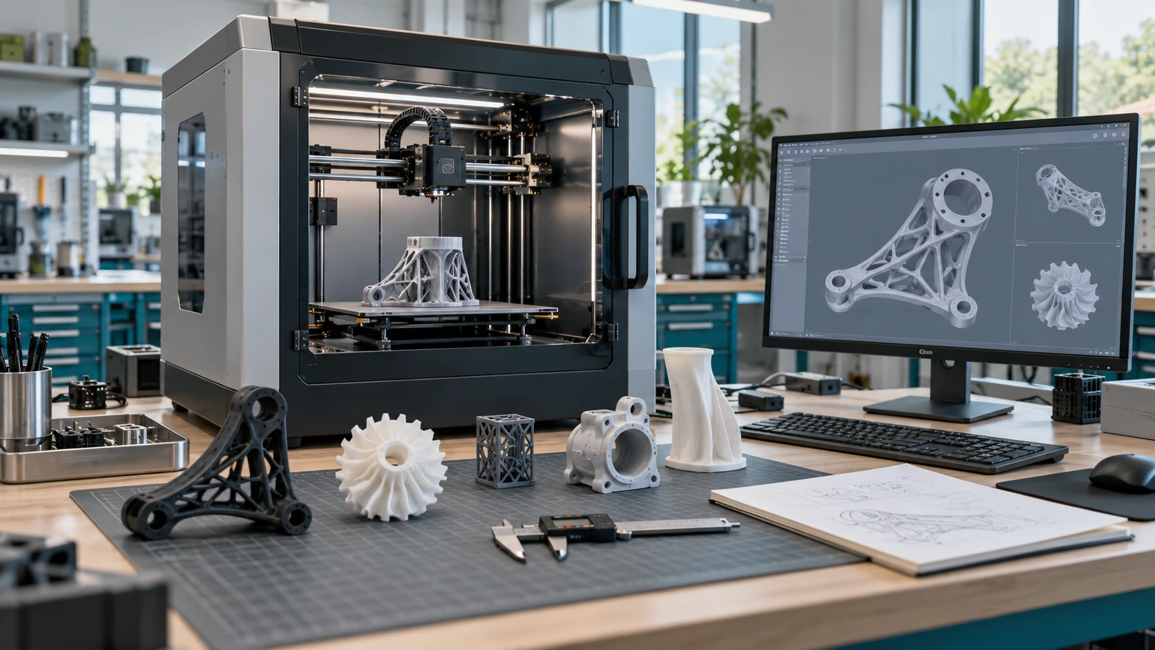 Закрытый 3D-принтер, полимерные детали, штангенциркуль и модель детали на экране