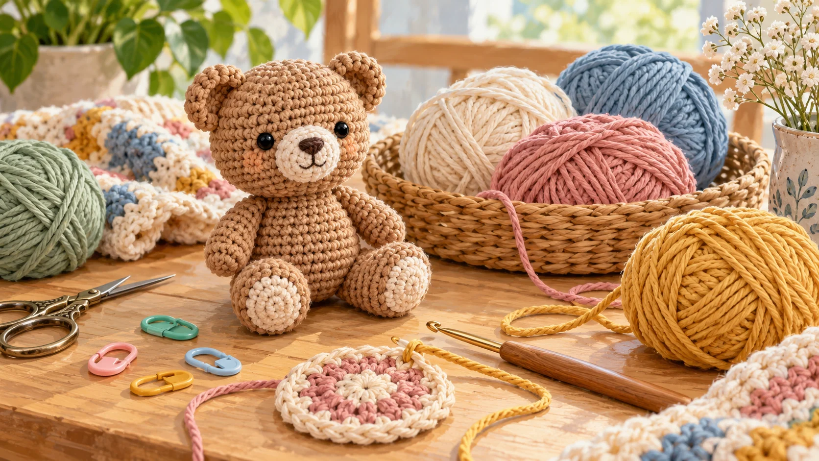 Вязаный мишка, пряжа и инструменты для амигуруми